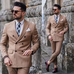 New Double Breasted Men Tuxedos Groom Wedding Suits Slim Fit Peaked Lapel Mens Suit 2 Pieces Coat Pants (jacket+Pants)