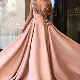 Formal Muslim Evening Dresses 2019 A-line deep V-neck Beaded Crystals ruched Elegant Dubai Saudi Arabic Long Evening Gown Prom Dresses