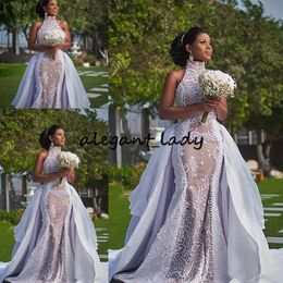 Plus Szie Afrikanische Brautkleider mit abnehmbarer Schleppe 2023 Bescheidenes, hochgeschlossenes, bauschiges Rock Sima Brew Country Garden Royal Wedding Gown