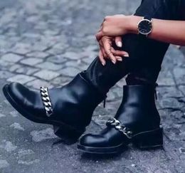 Autumn&Winter Boots Female Leather Chunky Heel Round Toe Gold Metal Chain Ankle Boots Women Black Shoe Short Warmful