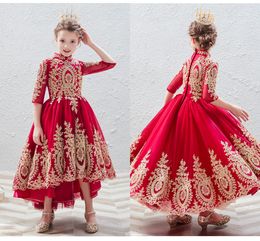 High Collar Half Sleeves Gold Applique Red Little Girls Pageant Dresses 2020 High Low Ruched Flower Girl Dress For Wedding First Communion