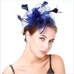 Bride headdress with diamond for retro banquet decoration mesh yarn headdress feather hairpin