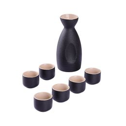 Crude Pottery Japanese Sake Set Traditional Drinkware Black White Ceramic 1 Tokkuri Bottle and 6 Ochoko Cups Wine Gifts