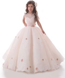 pink communion dress Canada - Light Blush Pink Flower Girl Dresses For Weddings Lace Applique Kids Ball Gown Girl Sweep Train First Communion Dress
