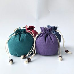 Thicken Plain Linen Round Drawstring Bag Jewellery Ball Travel Bag Cotton filled Portable Cloth Small Tea Cup Storage Bag