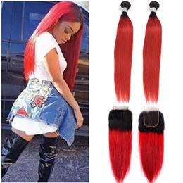 Brazilian Virgin Hair Straight 1B Red Ombre Human Hair 2 Bundles With 4x4 Lace Closure Free Middle Three Part 1B/Red 3PCS