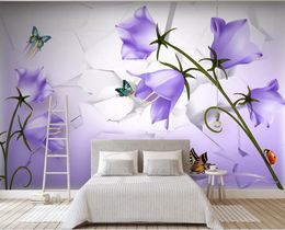 Custom Photo Wallpaper 3D Stereo Fantasy purple flowers butterfly 3D TV background wall