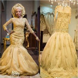 Gold African Traditional Wedding Dresses 2020 Beaded 3D floral Beads Lace Appliques Long Sleeves Tulle Court Train Bridal Gowns