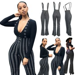 Capris Goocheer Rompers Overalls Women Striped Pants High Waist Zipper Flare Trousers Black Striped Overall Pant Female Bottom