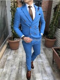 Classic Style Double-Breasted Blue Groom Tuxedos Peak Lapel Groomsmen Mens Suits Wedding/Prom/Dinner Blazer (Jacket+Pants+Tie) K459