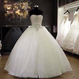free shipping Real Image Ball Gown Sweetheart Ivory Organza Modest Lace Up Luxury Wedding Dresses Crystal Line