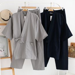Qweek Autumn Male Pyjamas Sets 100% Cotton Kimono Mens Sleepwear Japanese Style Pyjamas Men Soft Home Wear 2 Pieces High Quality MX190724