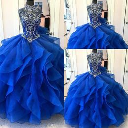 New Royal Blue Ball Gown Quinceanera Dresses Illusion High Neck Beads Crystal Cap Sleeves Tiered Ruffles Organza Party Prom Evening Gowns