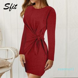 Wholesale-Sfit Autumn WinterWomen's O-Neck Long Sleeve Waist Tie Solid Dress Long Sleeve Waist Strap O-Neck Knee Length Pencil Dress