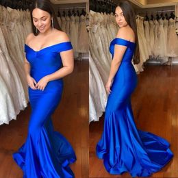 Simple Royal Blue Mermaid Party Evening Dresses Off The Shoulder Satin Sweep Train Special Occasion Dresses Abendkleider