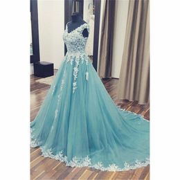 Aqua Blue Lace Applique Beaded 2019 Quinceanera Dresses Prom V-neck Cap Sleeve Backless Prom Dress Party Pageant Evening Gowns Long Cheap