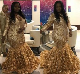 Gold Mermaid Prom Dresses 3D Appliques V Neck Evening Gowns Illusion Long Sleeves Girls Pageant Dress