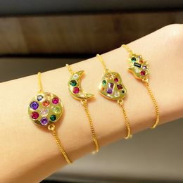 Europe and America Fashion Trendy Women Bracelet Yellow Gold Plated Colourful CZ Moon Heart Bracelet for Girls Women Nice Gift for Friend