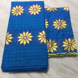 5yards fashionable blue african cotton fabric with yellow flower embroidery and 2yards french net lace set for dress bc398