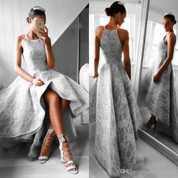 Grey Lace High Low Prom Dresses A Line Spaghetti Straps Formal Dresses Evening Wear Zipper Back Fast Delivery Cheap Party Dress Vestidos