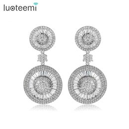 New Luxurious Noble Dangle Drop Earrings with Shining CZ Crystal Double Round Brincos for Women Wedding Jewellery LUOTEEMI