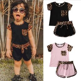 Kids Designer Clothes Baby Girls Leopard Print Clothing Sets Pocket T-shirt Top Shorts Suit Summer Fashion Short Sleeve Pants Outfits BYP536