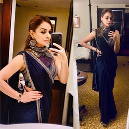 2020 Arabic Aso Ebi Navy Blue India Sexy Evening Dresses Beaded Crystals Prom Dresses Chiffon Formal Party Second Reception Gowns ZJ422