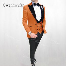 Gwenhwyfar Velvet Lapel Best Man Suit Orange Groomsman Men's Wedding Prom Suits Men Tuxedo Prom Costume Homme(Jacket+Pants+Vest)