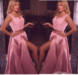 2019 V Neck Two Pieces A Line Lace Appliques Prom Dresses Long Split Formal Women Special Occasion Party Wear Evening Gowns Custom Made