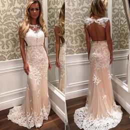 Modest Lace Appliqued White On Nude High Neck Open Back Evening Prom Dresses vestido de fiesta largos de gala Free Shipping