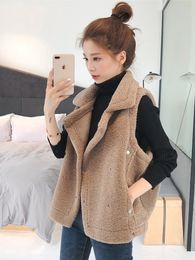 New women's winter warm turn down collar sleeveless faux lamb fur coat jacket vest casacos S M L XL XXL 3XL