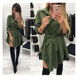 Moda tendência amarra cintura camisa vestido ocasional mulheres outono vestido manga longa girar colarinho curto mini vestidos