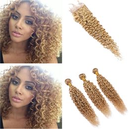 Honey Blonde Peruvian Curly Human Hair Bundles with Closure #27 Light Brown Kinky Curly Human Hair Lace Closure Piece 4x4 with Weave Bundles