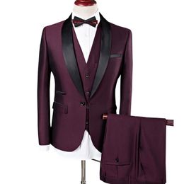 Fashion One Button Burgundy Groom Tuxedos Shawl Lapel Men Wedding Party Groomsmen 3 pieces Suits (Jacket+Pants+Vest+Tie) K68