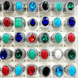 New 30pcs/pack Turquoise band Rings Mens Womens Fashion Jewellery Antique Silver Vintage Natural Stone Ring Party Gifts