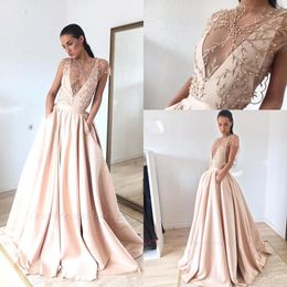 2019 Cap Sleeves Satin A Line Long Prom Dresses Lace Applique Beaded Top Ruched Floor Length Formal Party Evening Dresses BC1458