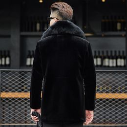 Wholesale-Luxury Men Shearling Fur Collar Coats Winter Business Single Breasted Wool Jackets Turn-down Collar Real Fur Overcoat Male