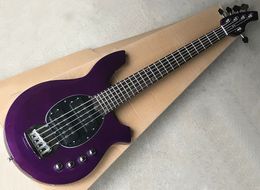 Factory wholesale 5 strings purple music electric guitar bass with active circuit,white pickguard,rosewood fretboard