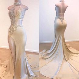 Champagne Backless Sexy Prom Dresses Cutaway Sides Beaded Collar High Split Mermaid Evening Party Gowns Custom Made Formal Ocn Wear