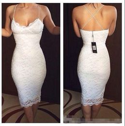 sexy plain lace cocktail dresses v neck spaghetti straps sheath knee length backless white cocktail party dresses prom dresses