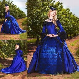 2020 Nuovo abito da ballo Royal Blue manica lunga abito da sposa gotico pizzo nero vintage abito da sposa in raso Hochzeitskleider vestidos de noche