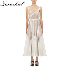 Self-Portrait New Arrival Summer White Colour Lace Long Dress Women Bow Spaghetti Strap Backless Hollow Out Runway Dress