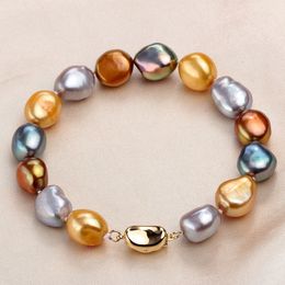 Fashion Multi Colour Natural Baroque Pearl Bracelet Gold Colour Jewellery 9-10mm Real Freshwater Pearl Bracelets For Women J190707
