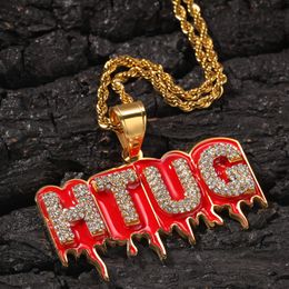 18K Gold Plated Diamond Mens Bloody HTUG Letter Pendant Chain Necklace Bijoux Masculi Bling Rhinestone Hip Hop Rapper Jewellery Gifts for Guys