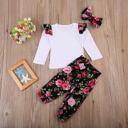 2018 Fashion Girls Set di abbigliamento Fascia per ragazze + Pantaloni floreali + Froal Shorts Sleeve 3Pieces Summer Floral Outfit Set di vestiti per bambini