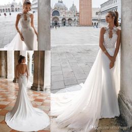 Design A New Line Wedding Dresses with Detachable Train High Neck Beaded Lace Appliqued Backless Beach Bridal Gowns Vestidos Custom Made ppliqued