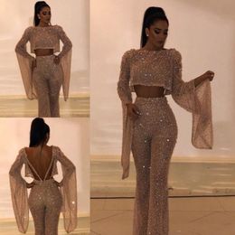 2019 Sparkly Sequined Two Pieces Pant Suit Prom Dresses Sheath Long Sleeves Plus Size Formal Dresses Party Evening Gowns Custom Made BC0240