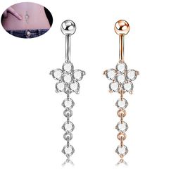 Sexy Flower Long Wasit Belly Dance Crystal Body Jewellery Stainless Steel Rhinestone Navel & Bell Button Piercing Dangle Rings for Women