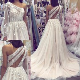 Spring Long Sleeve Wedding Dresses One Shoulder 3D-Flowers Applique Boho Bridal Dress Open Back Beach Wedding Gowns Vestidos De Novia