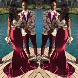 African Black Girls Burgundy Mermaid Prom Dresses Halter Neck Backless Lace Appliques Evening Gowns Formal Dress ogstuff Custom